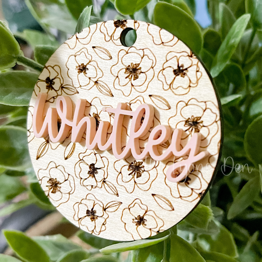 Wooden Round Floral Backpack Tag