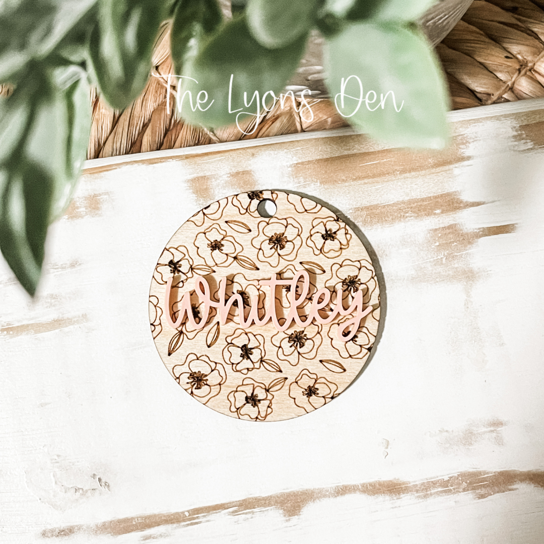 Wooden Round Floral Backpack Tag