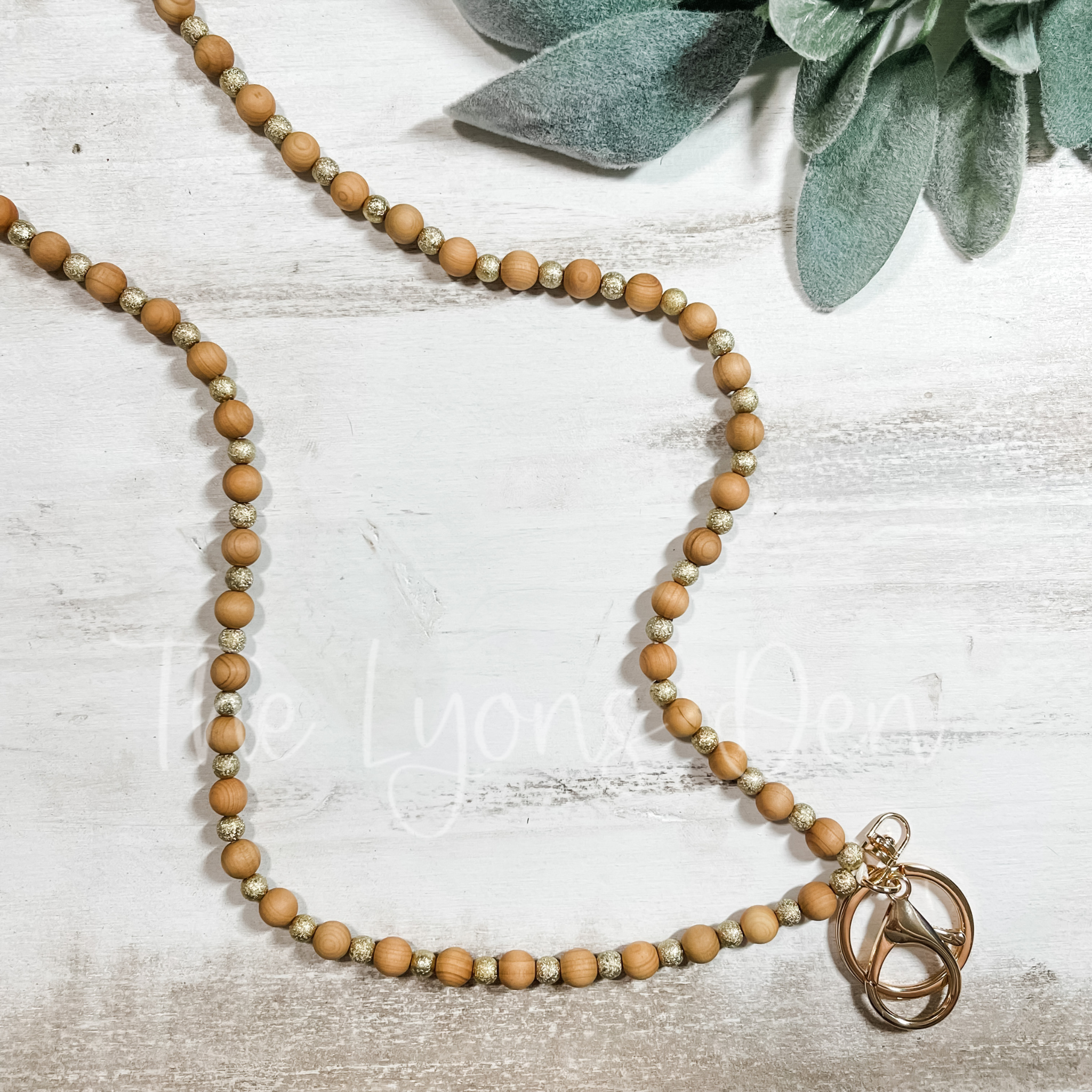 Wood + Gold Beaded Lanyard